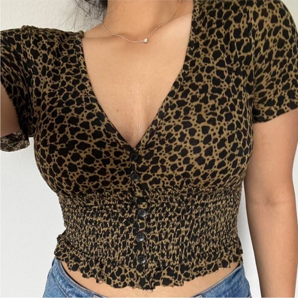 Urban Outfitters Brown and Black Leopard Print Smocked Button Crop Top